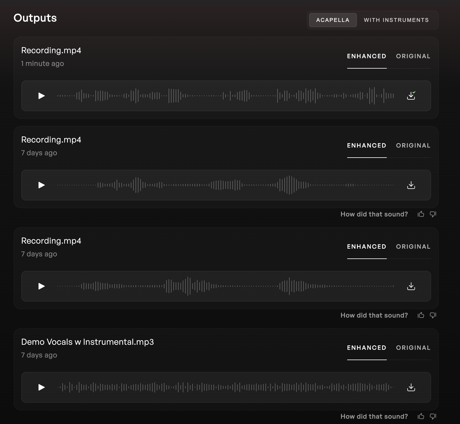 Output section of the AI vocal repair tool