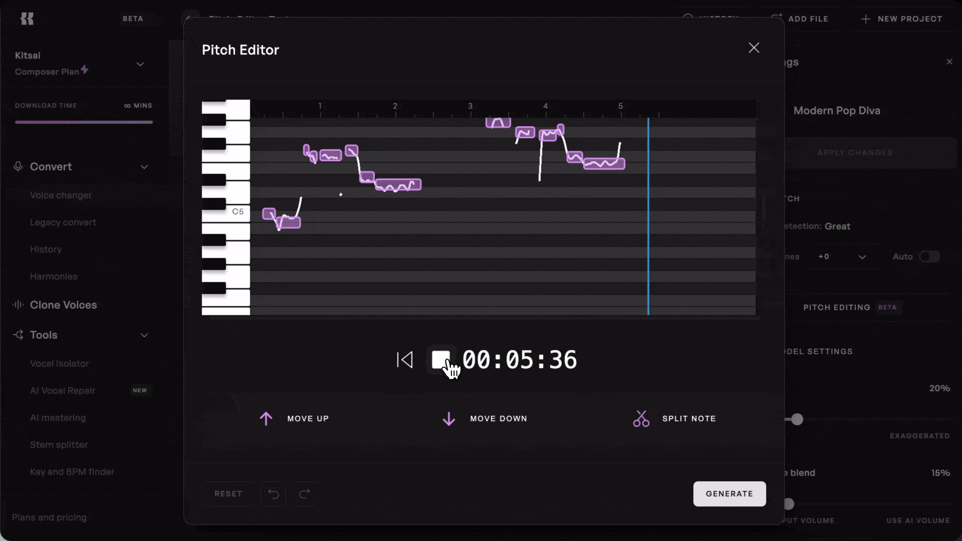 A mouse hovering and adjusting pitch of audio using the Kits AI Pitch Editor tool