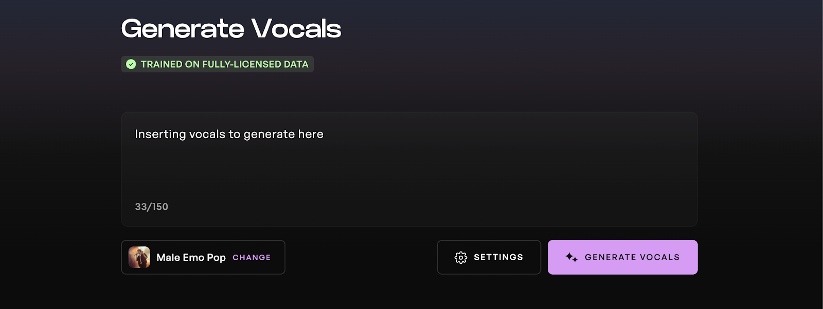 The Generate Vocals tool on Kits AI with a text input in the text box